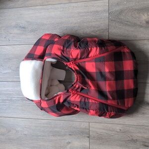 Red and black buffalo print carseat cover